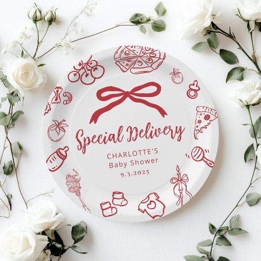 Special Delivery Italian Whimsical Bow Baby Shower Pappteller