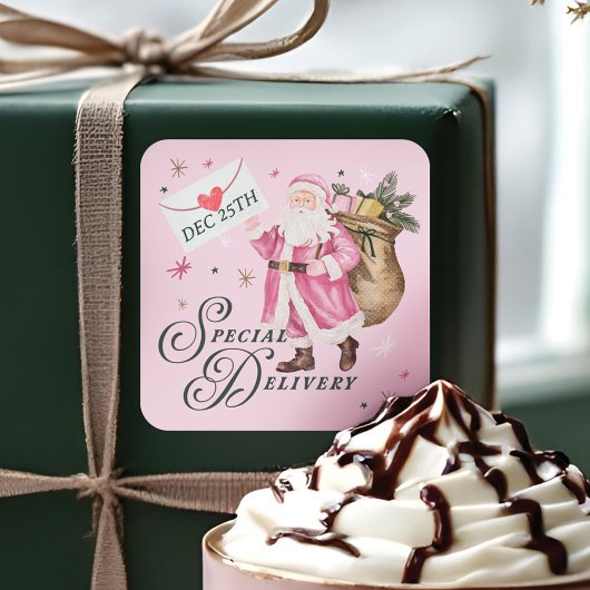 Special Delivery Pink Retro Weihnachten Weihnachte Quadratischer Aufkleber