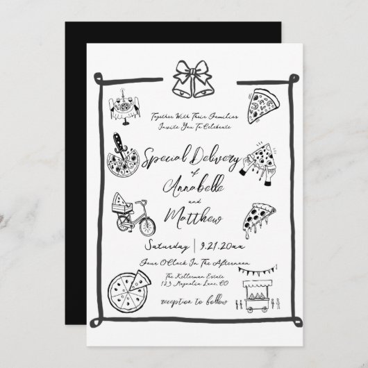 Special Delivery Pizza Doodle Baby Dusche Junge Einladung (Vorne/Hinten)