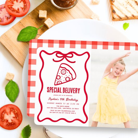 Special Delivery Red Bow Pizza Photo Birthday Einladung