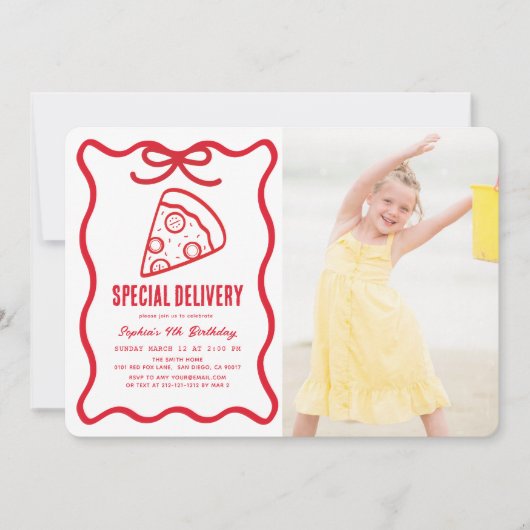 Special Delivery Red Bow Pizza Photo Birthday Einladung (Vorderseite)