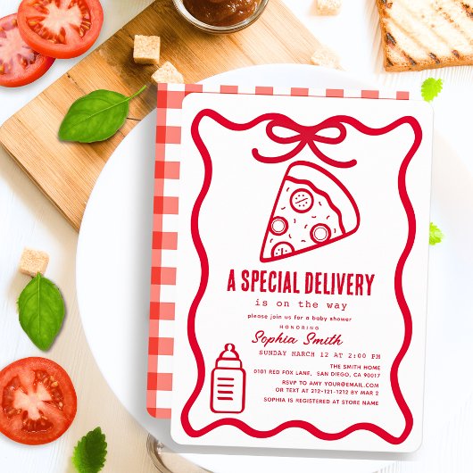 Special Delivery Red Hand-drawn Pizza Baby Shower Einladung