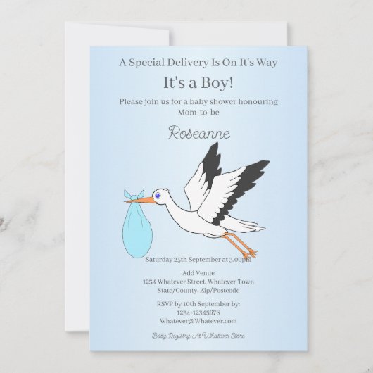 Special Delivery Stork Baby Boy Baby Shower Einladung (Vorderseite)