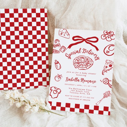 Special Delivery Whimsical Bow Pizza Baby Shower Einladung