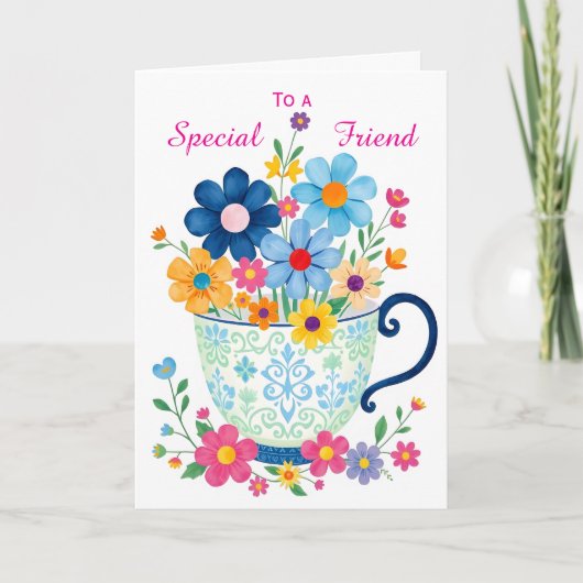 Special Friend Teacup & Flower Birthday Karte (Vorderseite)