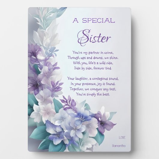 Special Sister Gedicht Pastel Mauve Blue Floral Fotoplatte (Vorderseite)