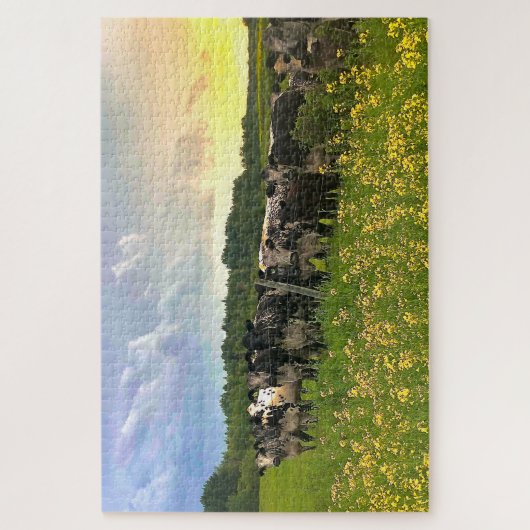 Speckle Park Rinder unter Regendusche, Sonnenunter Puzzle (Vertikal)