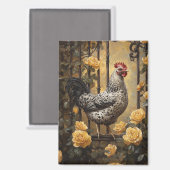 Speckled Hen with Yellow Roses Oil Painting Magnet (Vorderseite/Rückseite)