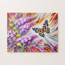 Speckled Wood Butterfly mit Lilac in Ölgemälden