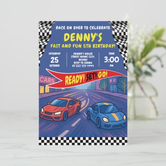 Speed Racing Geburtstagsparty Einladung (Stehend Vorderseite)