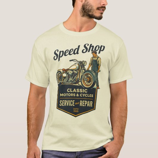 Speed Shop – Classic Motors & Cycles Retro Garage  T-Shirt (Vorderseite)