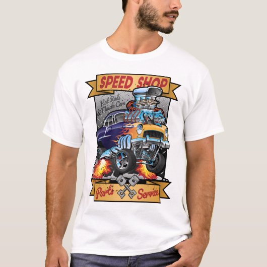 Speed Shop Frisierte Auto Muscle Car Teile und Ser T-Shirt (Vorderseite)