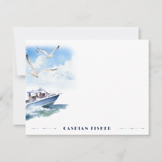 Speedboat Seagulls Wasserfarbenstationery Note Car Mitteilungskarte (Vorderseite)