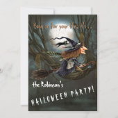 Speeding Hexe auf Broomstick Halloween Einladung (Vorderseite)