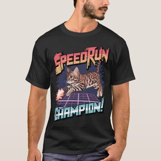 Speedrun Champion - Bengalische Cat Pixel Art T-Shirt (Vorderseite)