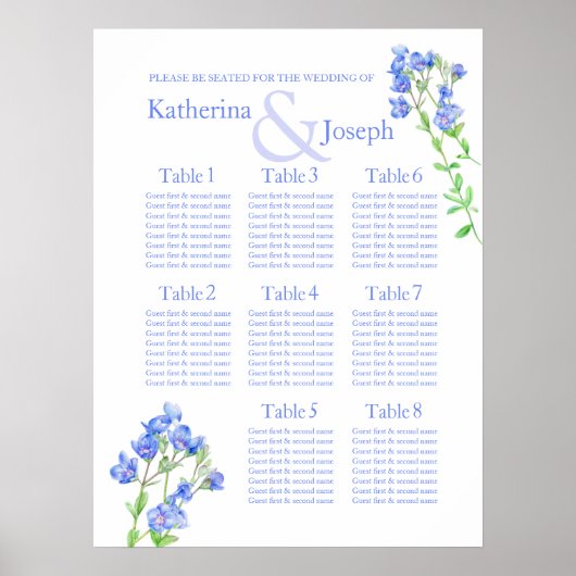Speedwell Blue Wedding Table Planner 1-8 Poster (Vorne)