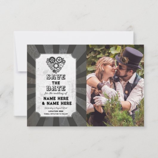 Speichere das Datum Steampunk Hochzeit Herzen Foto Save The Date (Vorderseite)