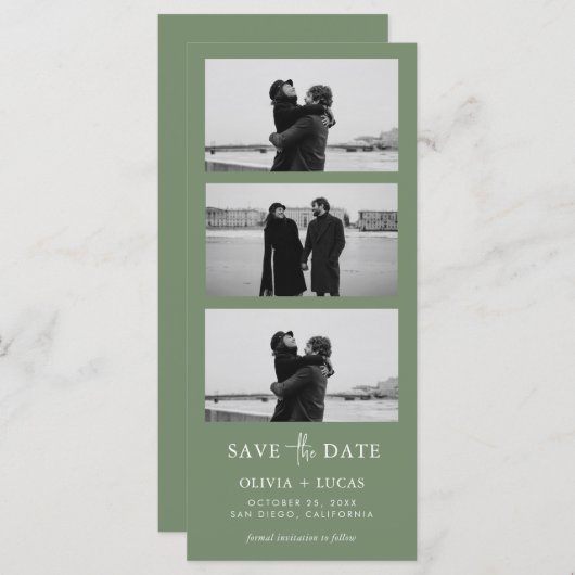 Speichergrünes Foto Strip QR-Code Save the Date (Vorne/Hinten)