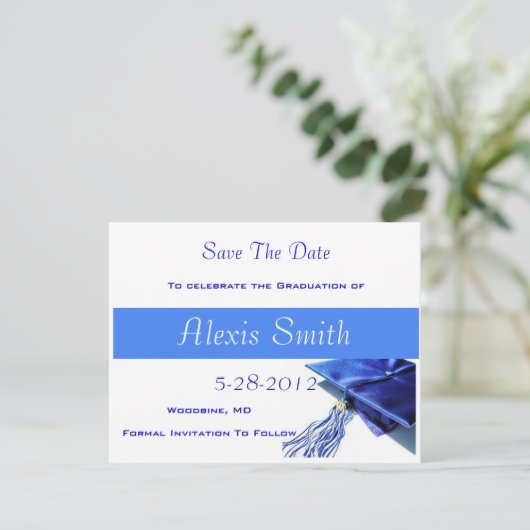 Speichern der Datumskarten - Blue Graduation Cap Save The Date (Stehend Vorderseite)