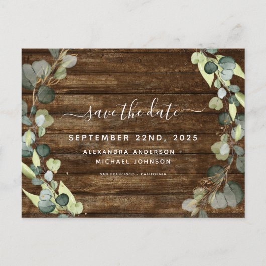 Speichern Sie das Datum Eukalyptus Greenery Rustic Ankündigungspostkarte (Vorderseite)