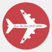 Speichern Sie das Datum Flugzeug Herzen Hochzeit B Runder Aufkleber (Vorderseite)