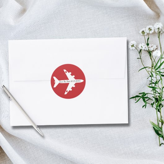 Speichern Sie das Datum Flugzeug Herzen Hochzeit B Runder Aufkleber