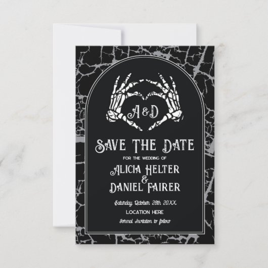 Speichert das Datum Halloween Skelett Herz Hände Save The Date (Vorderseite)