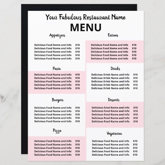 Speisekarte des Restaurants für Covid-19 Pink (Vorne/Hinten)