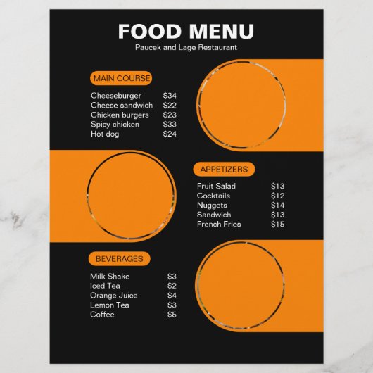 Speisekarte des Restaurants Orange und Black Bold Flyer (Vorne)
