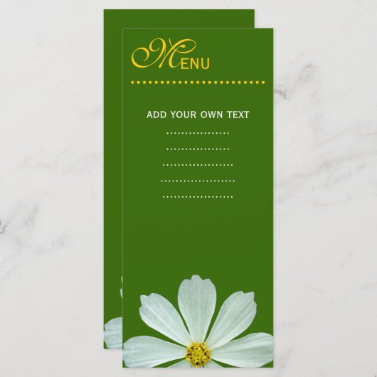 Speisekarte für das Abendessen. Weiße Blume Menükarte (Vorne/Hinten)