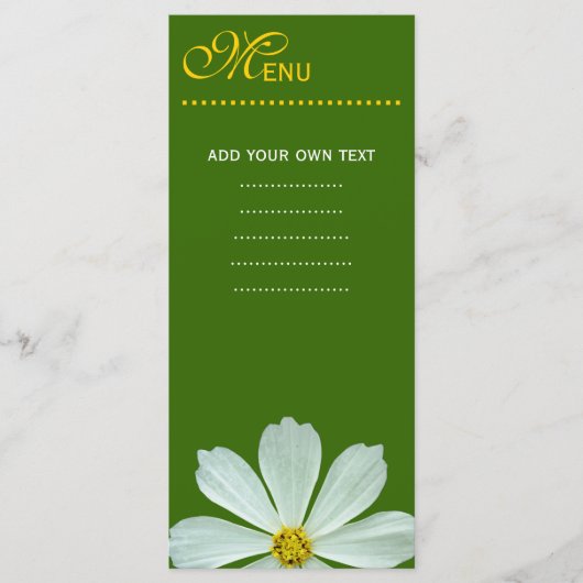 Speisekarte für das Abendessen. Weiße Blume Menükarte (Vorderseite)