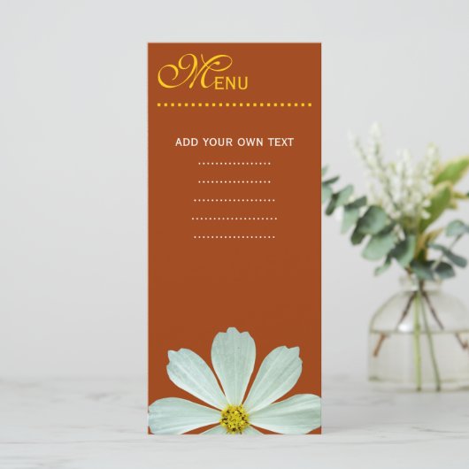 Speisekarte für das Abendessen. Weiße Blume Menükarte (Stehend Vorderseite)