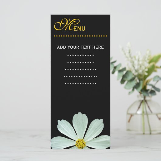 Speisekarte für das Abendessen. Weiße Blume Menükarte (Stehend Vorderseite)