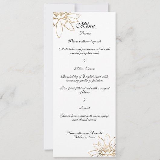 Speisekarte für das weiße, schwarze und goldene Ho Einladung (Vorderseite)