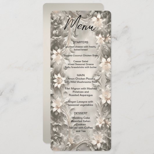 Speisekarte für Hochzeiten mit weißer Flora Menükarte (Vorne/Hinten)