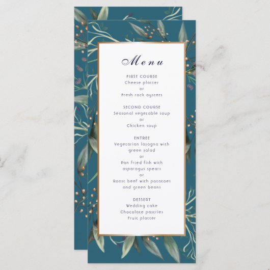 Speisekarte für Hochzeitsessen aquamarines Blattgo Programm (Vorne/Hinten)