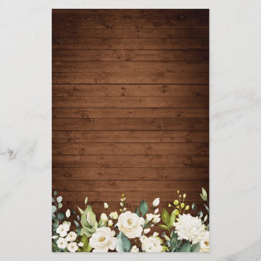 Speisekarte für Hochzeitsessen Holz und Weiß Rose  (Rückseite)