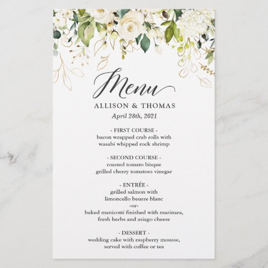 Speisekarte für Hochzeitsessen Nature Green White (Vorderseite)