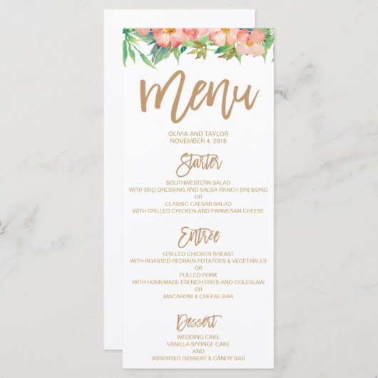 Speisekarte für Hochzeitsfeiern in Grün & Blumen Menükarte (Vorne/Hinten)