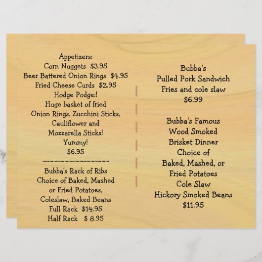 Speisekarte GRILLEN im Restaurant (Vorne/Hinten)