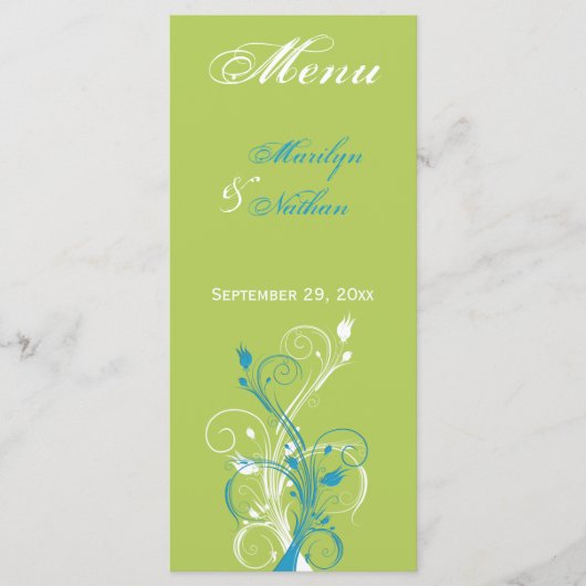 Speisekarte mit grüner, blauer und weißer Blume Menükarte (Vorderseite)
