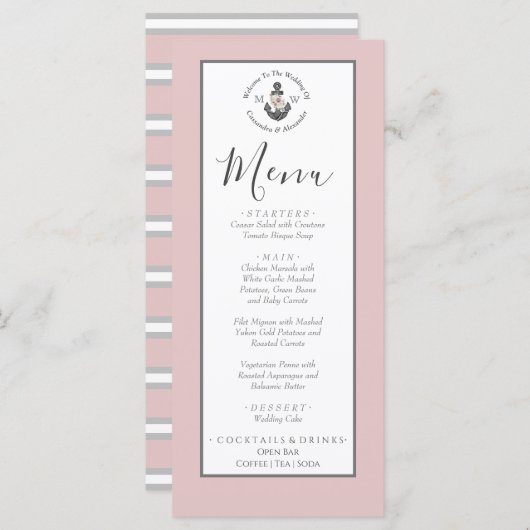 Speisekarte Nautical-Themed Floral Anchor Dusty Ro Menükarte (Vorne/Hinten)