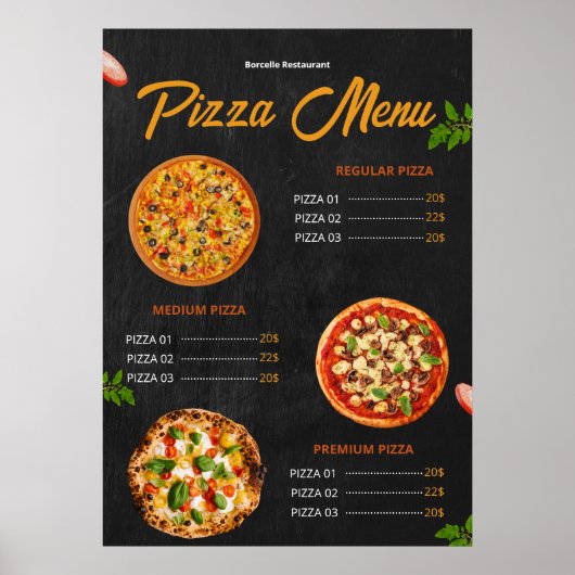 Speisekarte Pizza Pizzaria Restaurant Menü Poster (Vorne)
