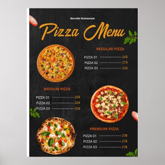 Speisekarte Pizza Pizzaria Restaurant Menü Poster (Vorne)