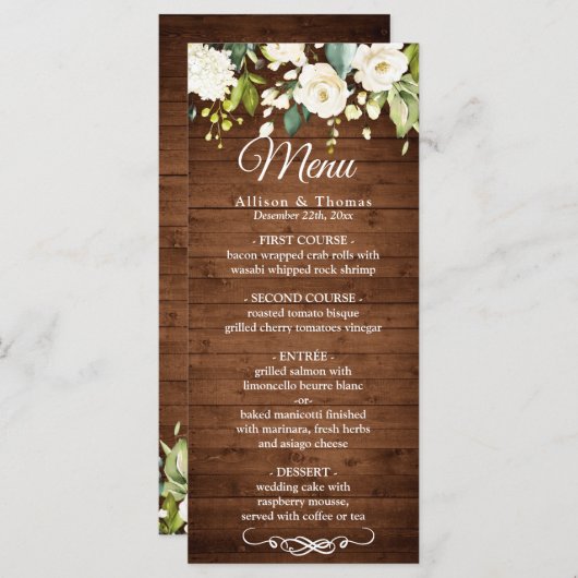 Speisekarte "Wood & White Rose" mit rustikaler Blu Menükarte (Vorne/Hinten)