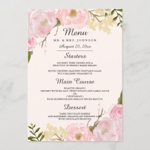 Speisekarte zum Hochzeitsessen mit rosa Blütenblät Menükarte