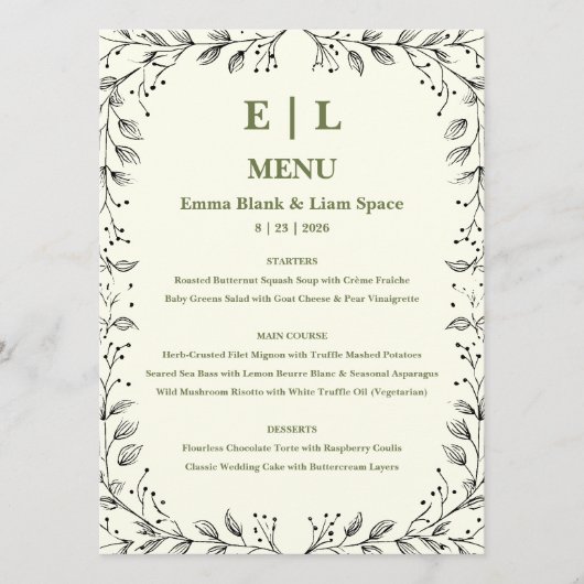 Speisekarte zum Hochzeitsessen von Elfenbein Menükarte (Vorderseite)