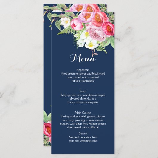 Speisekarten der rosa und dunkelblauen Blume Menükarte (Vorne/Hinten)