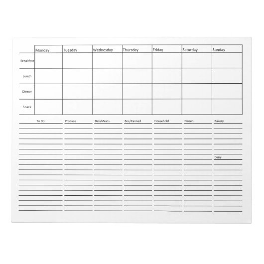 Speisen- und Lebensmittelliste Notizblock (Vorderseite)