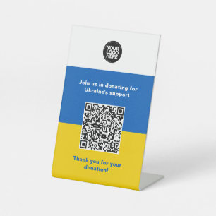 Spenden an die Ukraine Firmenlogo, Text, Qr-Code Sockelschild